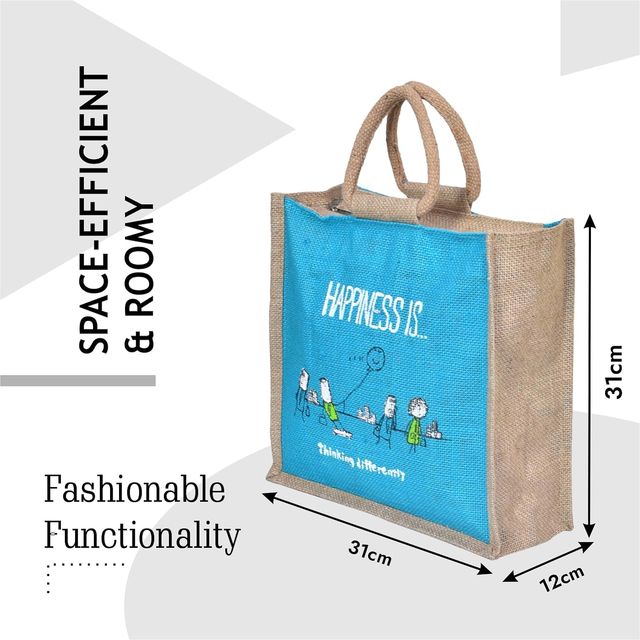 Kuber Industries Jute Blue Happiness Grocery Bag With Handle | Medium - Assorted