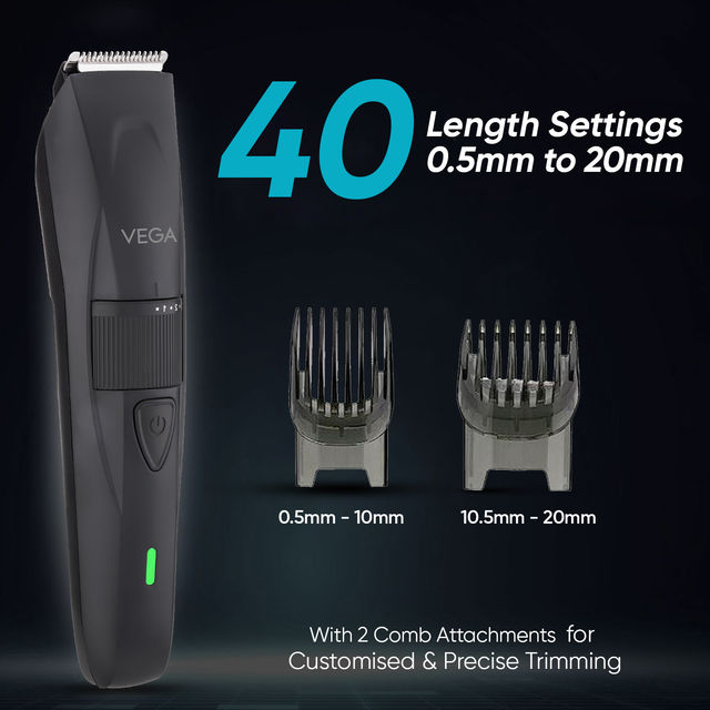 VEGA Trimmer For Men with 90 Mins Runtime Stainless Steel Blades, Black (Power Lite, VHTH-38)