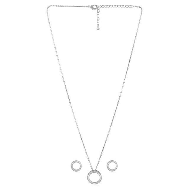 Peora Silver Plated Cubic Zirconia Studded Round Pendant Chain & Stud Earrings Fashion Jewellery