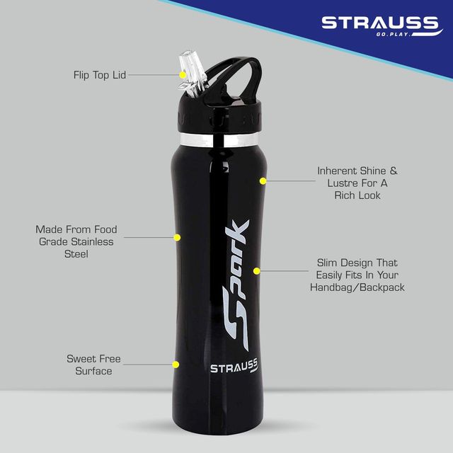 Strauss Spark Stainless-Steel Bottle, Metal Finish, 750 ml, (Black)