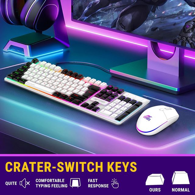 Ant Esports Km1610 Led Keyboard And Mouse Combo,104 Keys Rainbow Backlit,7 Colour Rgb Mouse, White