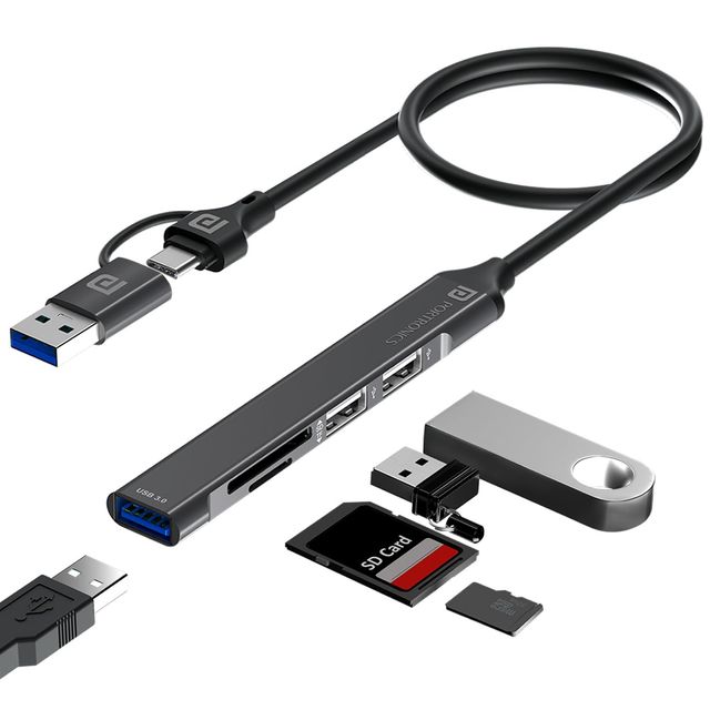 Portronics Mport 31 Plus - 5-in-1 USB Hub | With USB 3.0 port & Type-C Dual Plugs - Grey
