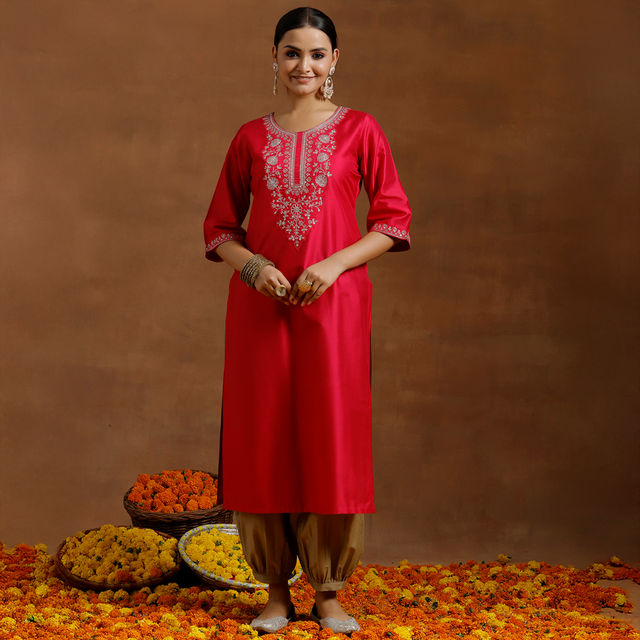Libas Women's Zaridori Embroidered Straight Kurta | G2732 | Pink - L