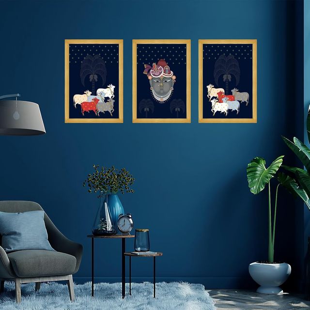 Indianara Pichwai Art Lord Shrinathji ji & Cows Wall Hanging, Set of 3, Black Frame