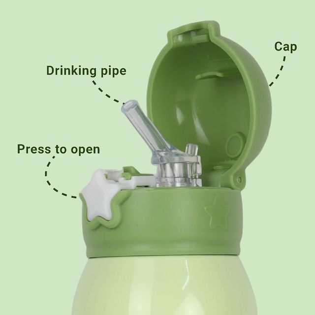 Femora Dino Thermosteel Double Wall Vacuum Kids Water Bottle With Bag Hot & Cold Green 550 Ml