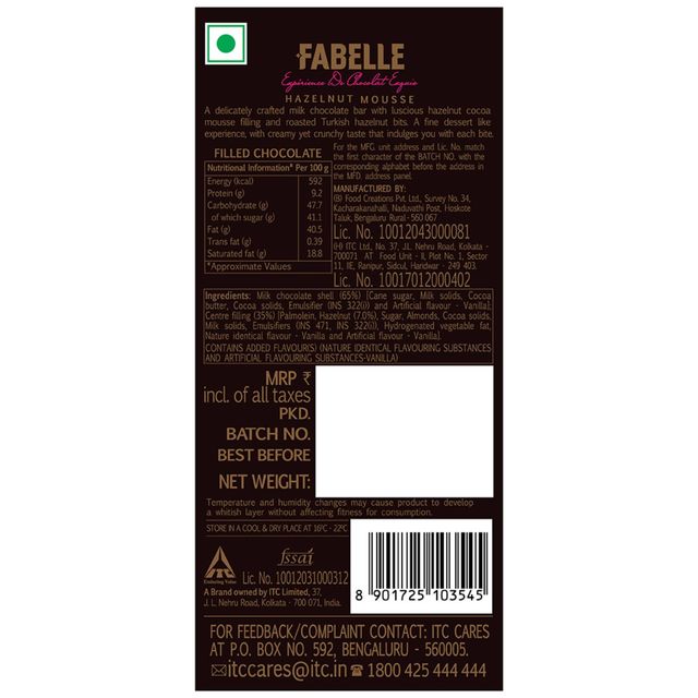 Fabelle Hazelnut Mousse Centre Filled Handcrafted bar