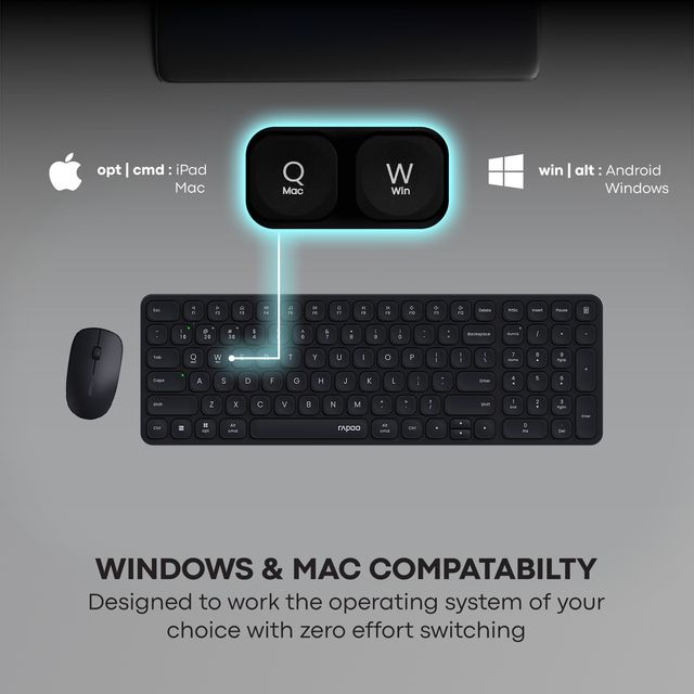Rapoo 9320M Bluetooth 4.0 | 5.0 + 2.4GWireless Keyboard Mouse Combo | 2400 DPI | Compact Dark Grey