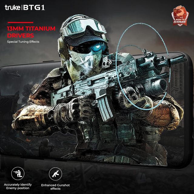 truke BTG1 Truly Wireless Bluetooth Earbuds with Game Mode, 48H Playtime, 13mm Drivers- Black