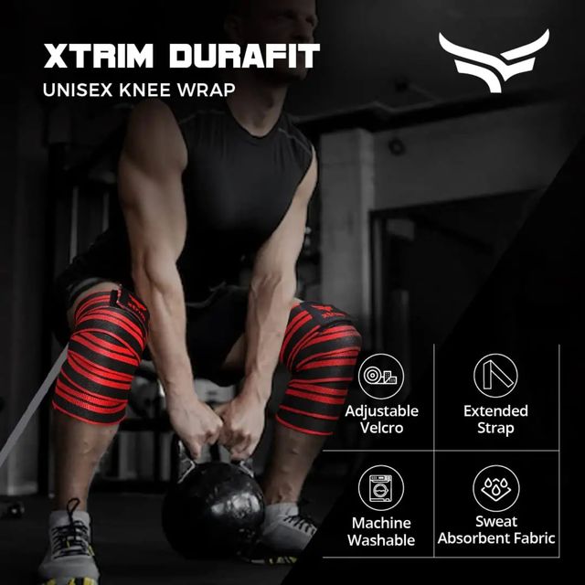 Xtrim Knee Wrap for Sports, Squats, and Heavy Lifting, Washable Fabric - Red