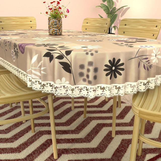 Kuber Industries 60x90 In PVC Oval Dining Table Cover 6 Seater | Flower Circle - Light Brown