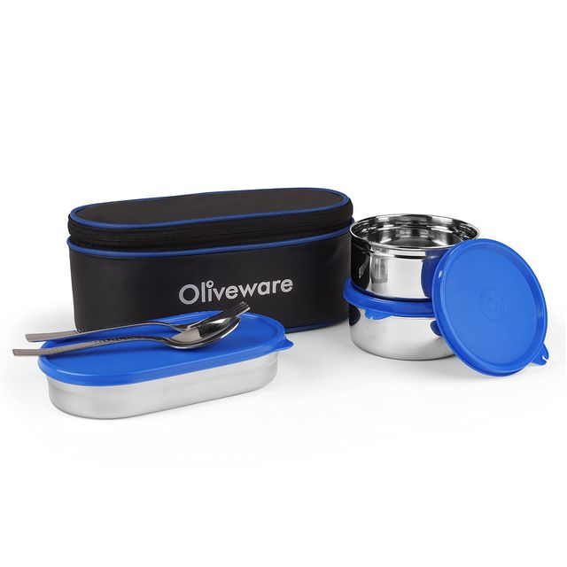 Oliveware Sophia Lunch Box, 3 Stainless Steel Container with BPA Free Lids and Steel Cutlery- Blue