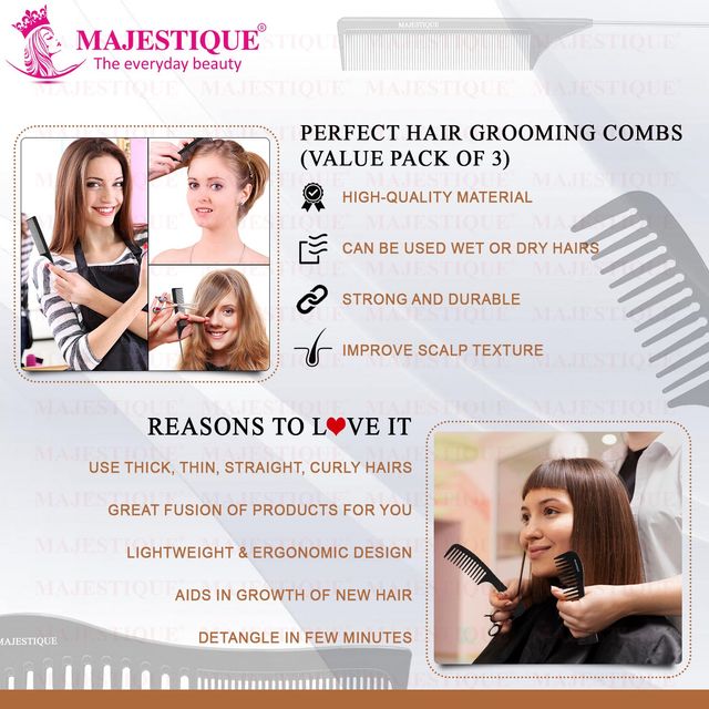 Majestique Professional Wide Tail Comb - 3Pcs | Black