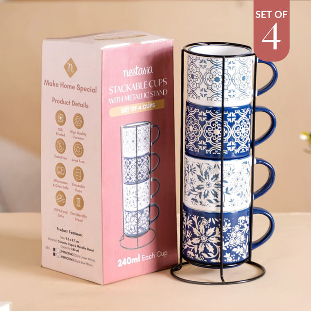 Nestasia Floral Design Stackable Coffee Mugs - Set of 4 (200ml each)