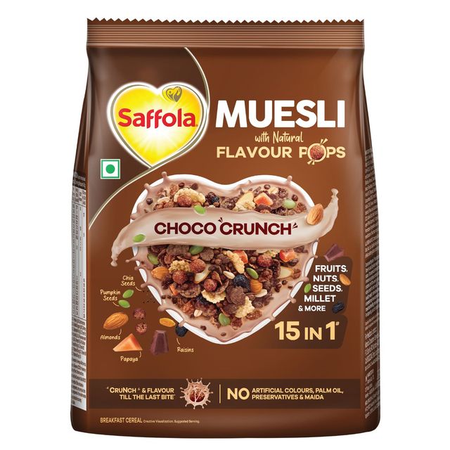 Saffola Muesli Choco Crunch With Flavour Pops 15 In 1 Fruit And Nuts