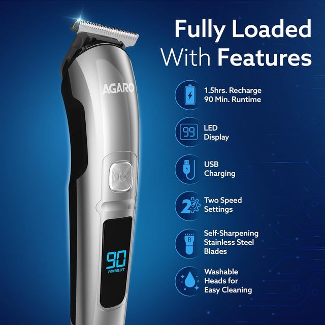 Agaro Cosmo Rechargeable Men'S Beard Trimmer, Cordless, 4 Length Setting, 2 Speed, 90 Mins Runtime