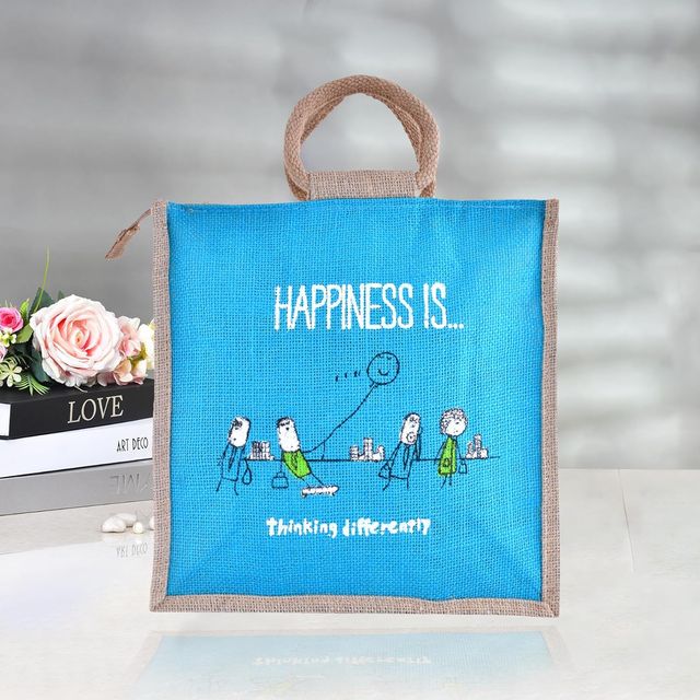 Kuber Industries Jute Blue Happiness Grocery Bag With Handle | Medium - Assorted
