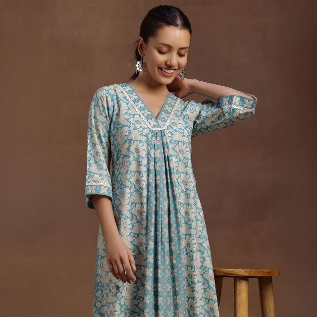 Libas Women's Floral Printed Panelled A-Line Dress with Pleated Style And Pocket | 29115O | Blue - M