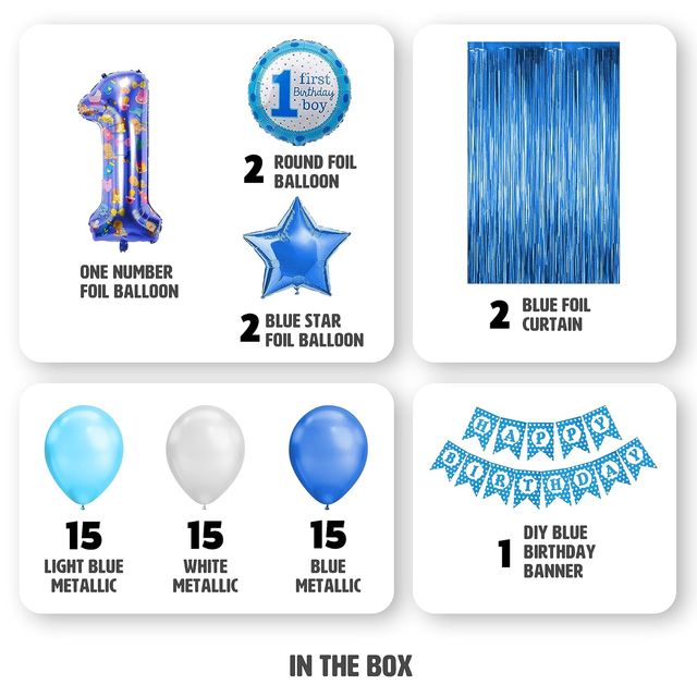 Just Party 1St Birthday Boy Decoration Set - Blue Balloons, Foil Balloons, And Diy Banner