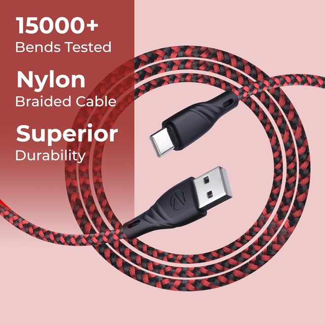 Zebronics UT300 Usb To Type C Charging Cable, 27W Max, 3A, Rapid Charge, 1.5M Cable (Red + Black)