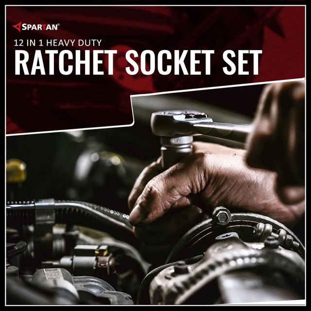 Spartan 12 In 1 Heavy Duty Socket Set 1/2" Chrome Vanadium Steel Ratchet Socket Wrench Spanner