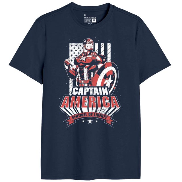 Bonorganik Men's Captian America Graphic Printed T-shirt | Navy - L
