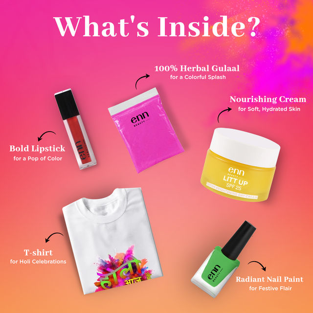 Enn Beauty Holi Hai Gift Box | T-shirt | Gulaals | Nail Paint | Lipstick | Face Cream | Set of 5