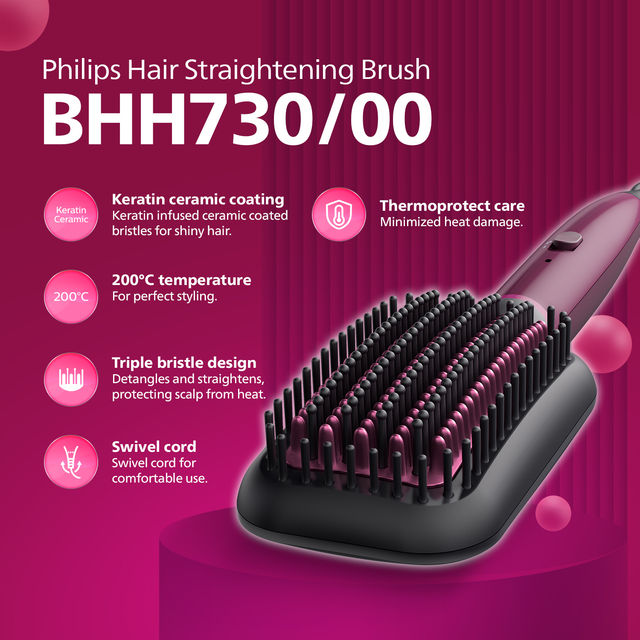 Philips Hair Straightener Brush|Naturally Straight Hair in 5 Min|Thermoprotect Technology BHH730/00