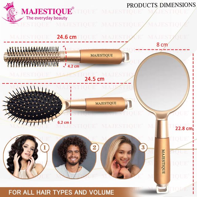 Majestique Round and Oval Cushion Hair Brush Set - Soft Nylon Bristles for All Types | 3Pcs | Gold