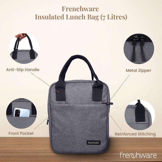 Frenchware Insulated Nylon Lunch Bag, Office Tiffin Bag | 7 L, 15 kg capacity - Grey