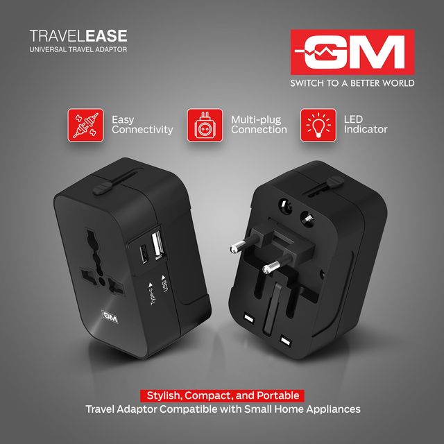 GM 3064 Travel Ease Universal Travel Adaptor | LED Indicator |Multi plug Connection | Type C | Type A | Compact and Light Weight Universal Adaptor - Black