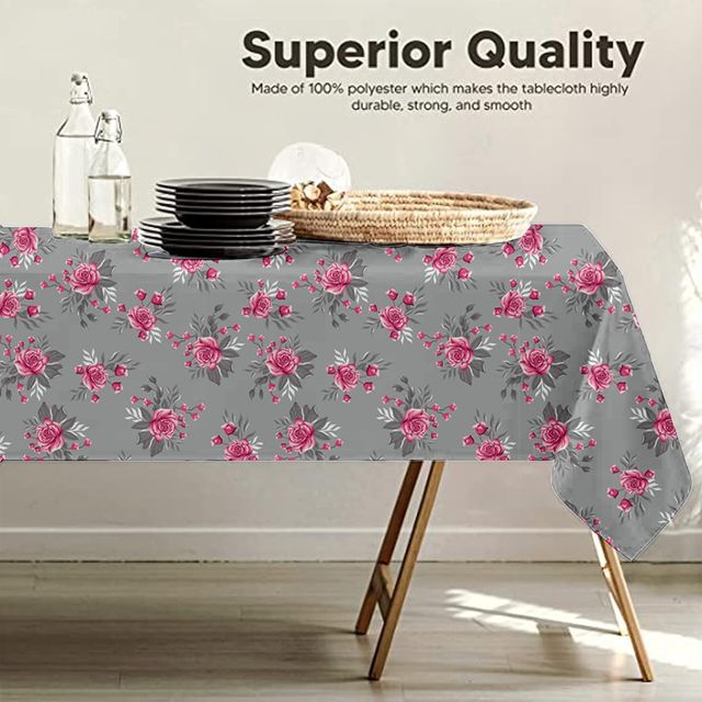 Lushomes Table Cover - 4 Seater | Machine Wash Twill | Grey Flowers | 57 x 57 inch