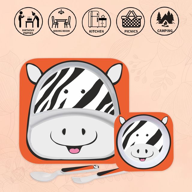 Cello Kids Meal Melamine Dinner Set with Zebra Print | Orange, Set of 4 (Assorted)