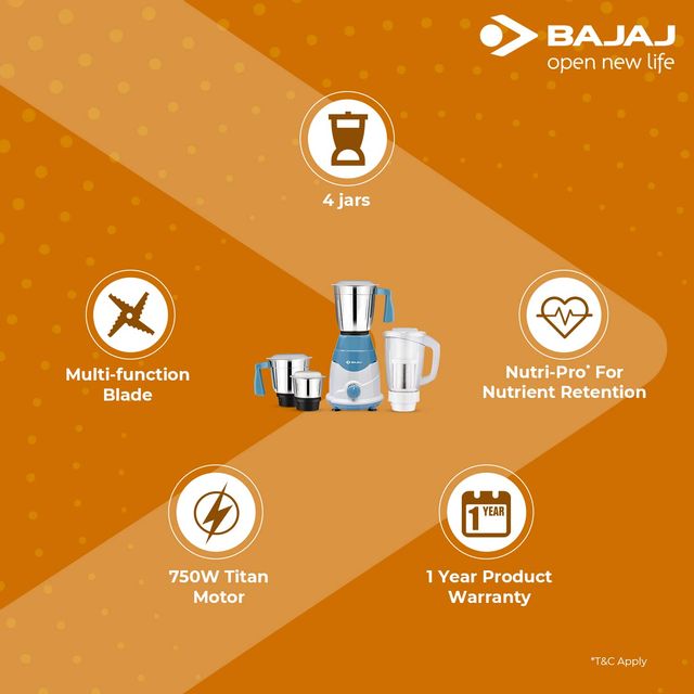 Bajaj Rex Mixer Grinder | 750 W | 4 Jar - Blue