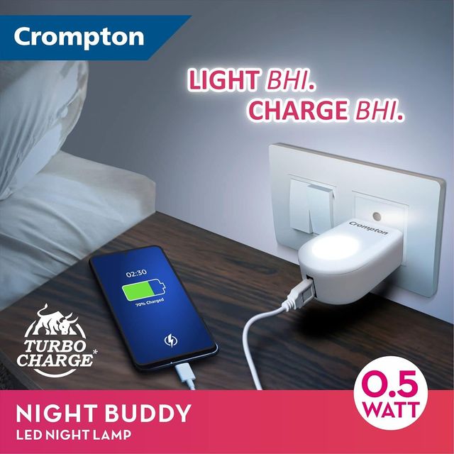 Crompton Night Buddy 0.5 Watt Night Lamp With Usb Charging Adapter Port (Warm White)