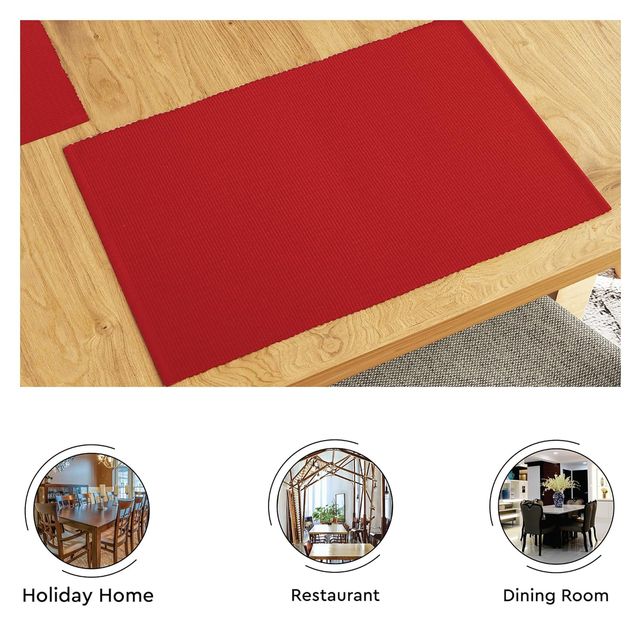 Encasa Xo Ribbed Cotton Table Runner+Placemat Roma Red 32X150 Cm, Pack Of 5