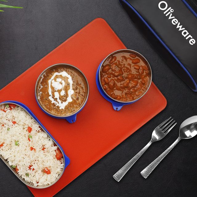 Oliveware Sophia Lunch Box, 3 Stainless Steel Container with BPA Free Lids and Steel Cutlery- Blue