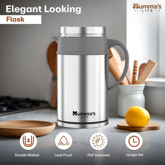 Mumma's Life Insulated Steel Flask Food Grade Plastic | High Grade Stainess Steel Grey (800Ml)
