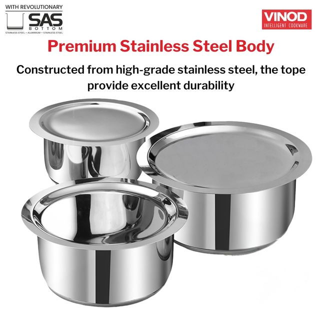 Vinod 3Pc Tope Set 1 L, 1.4 L & 1.8 L With Lid (Induction Friendly)
