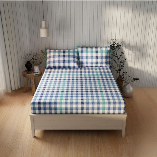 Kopa Extra Smooth Cotton Double Bedsheet With 2 Pillow Covers | Set of 3 | Lopez Checks | Blue