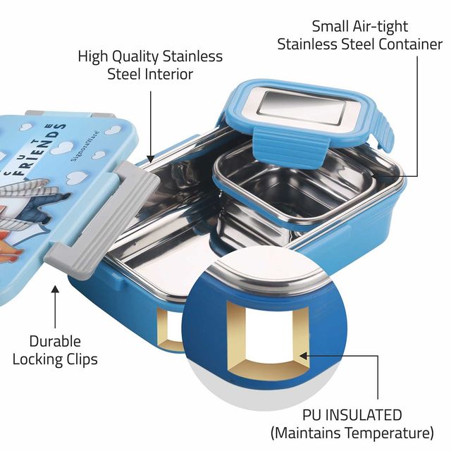 SignoraWare Nugget Printed Steel Lunch Box | 700ml+130ml | Kids Box | Airtight | Leakproof | SkyBlue