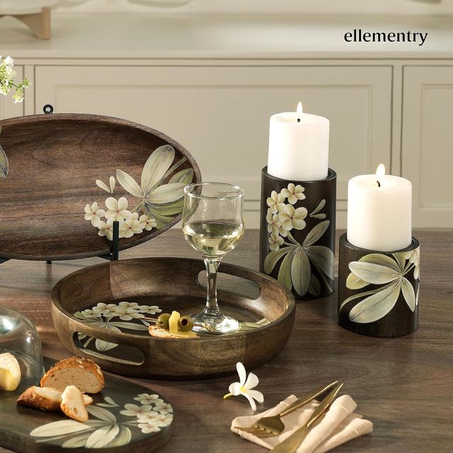Ellementry Frangipani Wooden Candle Holder | Large