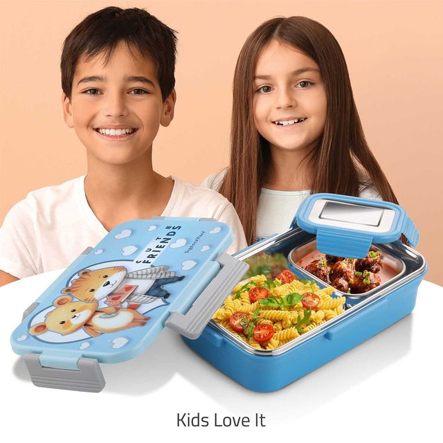 SignoraWare Nugget Printed Steel Lunch Box | 700ml+130ml | Kids Box | Airtight | Leakproof | SkyBlue
