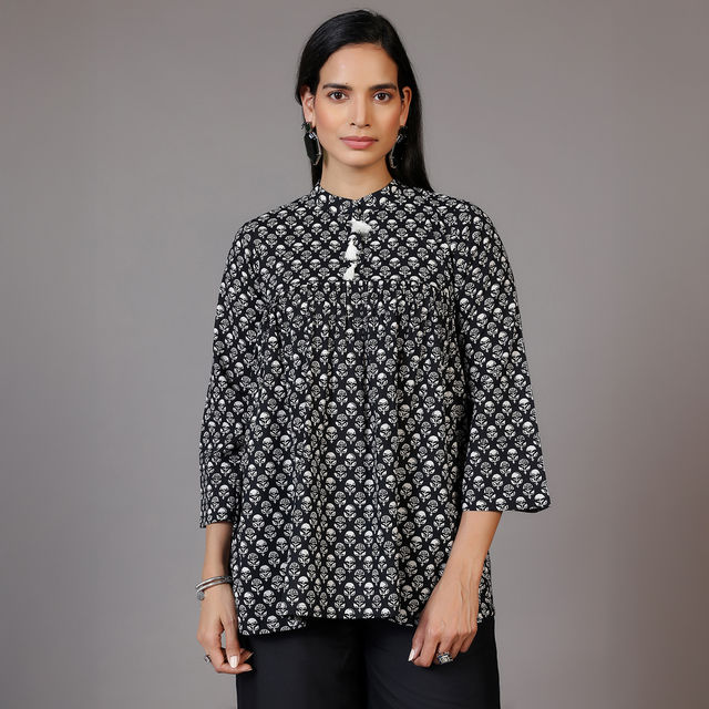 Libas Women's Printed Cotton A-Line Kurti | 29065 29065 | Black - S