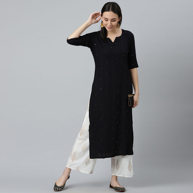 Libas Women Black Rayon Embroidered Mirror Work Straight Kurta - 12077OXL