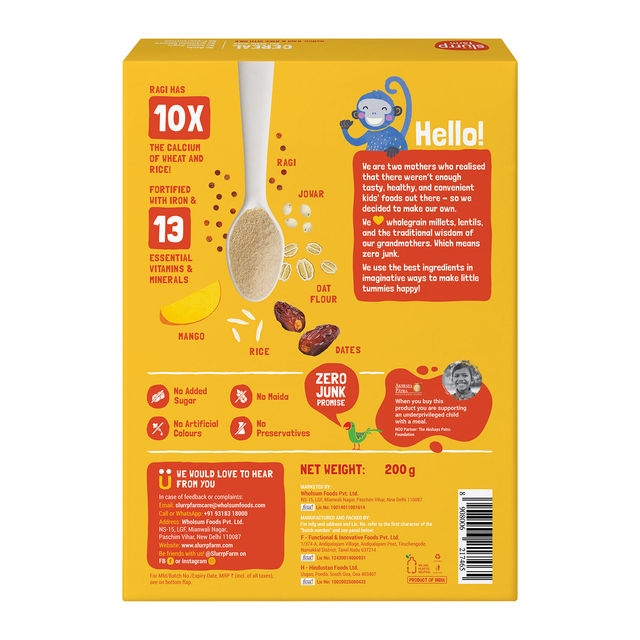 Slurrp Farm No Added Sugar Cereal - Ragi, Rice And Mango With Milk, No Preservatives, Made With Multigrain Millets, 200 Gm(200gms) & Slurrp Farm Ragi Rice Strawberry Instant Healthy Cereal, Mildly Sweetened With Date Powder, 200 Gm(200gms) Combo