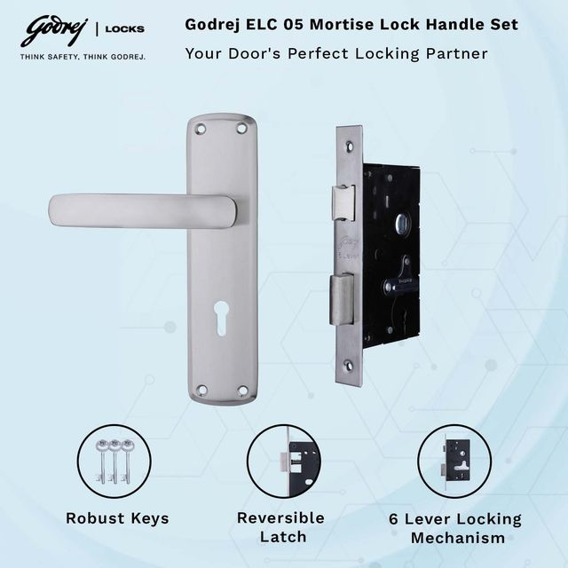 Godrej ELC 05-6 Mortise Door Lock Handle Set | 2 Keys | Satin Steel Finish | Set of 1