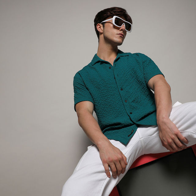Campus Sutra Men's Creased Striped Shirt | Green - L