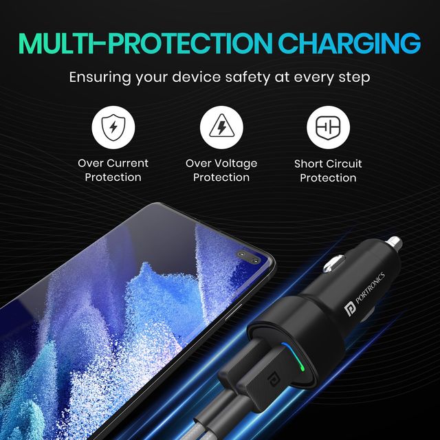 Portronics 80W Dual Output Fast Car Charger with Type-C PD & USB, LED Indicator, Power Bank (Black)