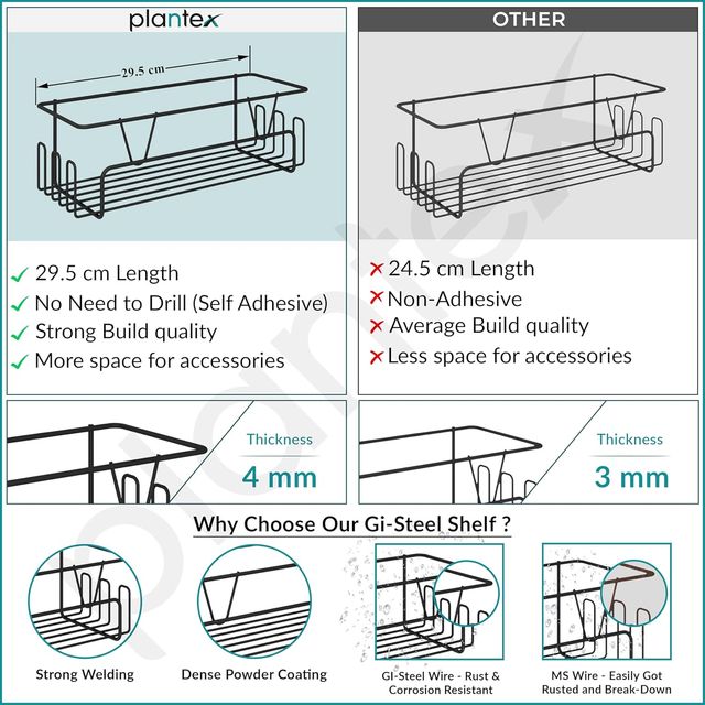 Plantex GI Steel Self-Adhesive Bathroom Shelf Organizer with Hooks - Black Powder Coated