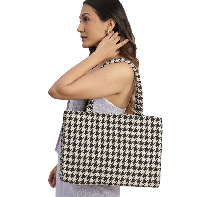 Mini Wesst Women's Geometric Fabric Double Handle Tote Bag | Black